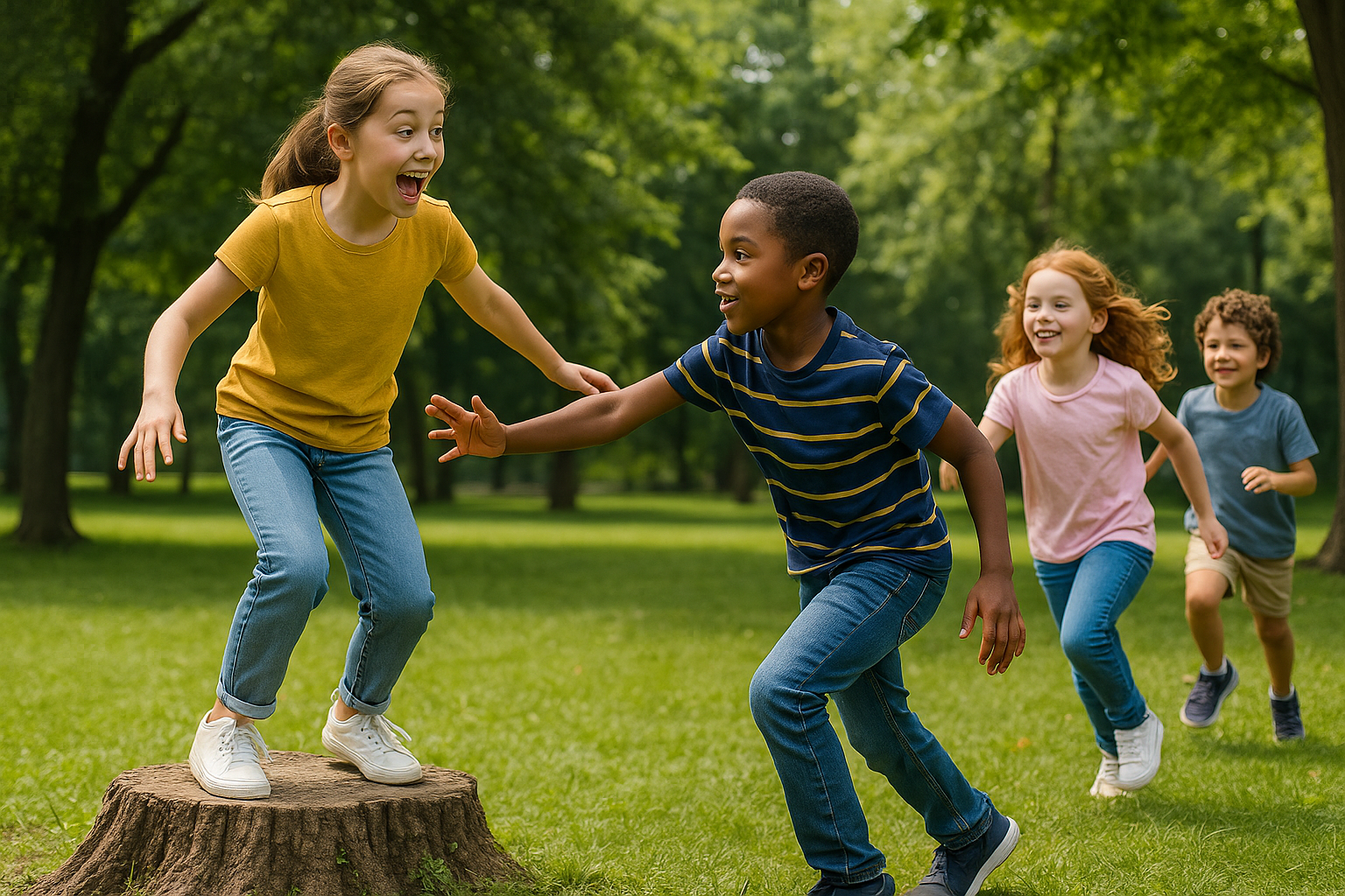 Enfants jouant au chat perché en plein air dans un parc verdoyant.