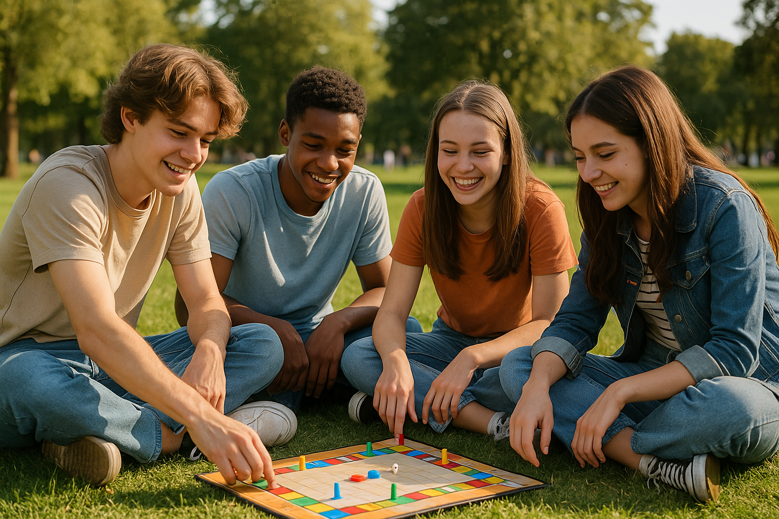 stagiaire BAFA expliquant les règles d’un grand jeu avec un collègue, sans enfants identifiables
