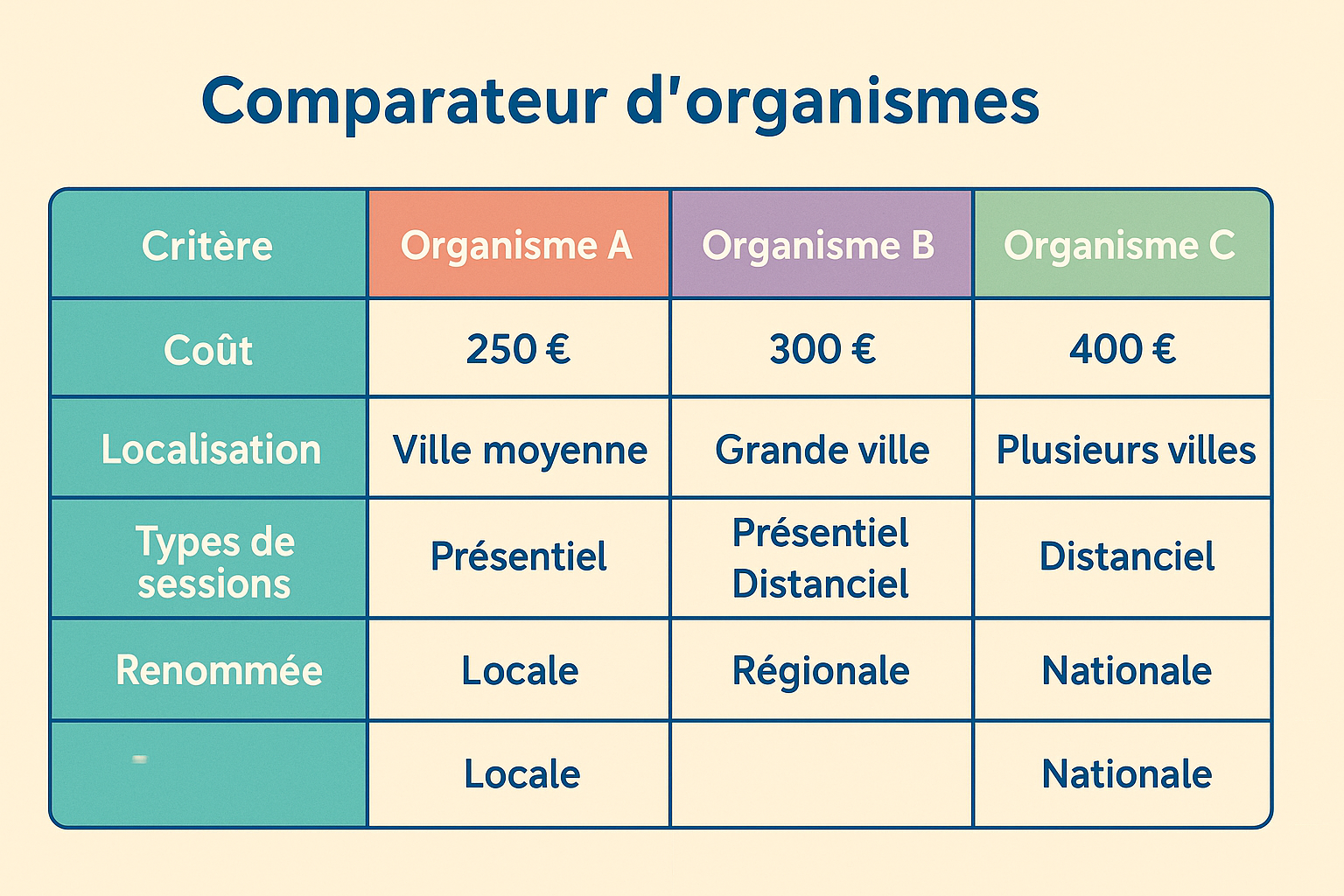 tableau comparatif des organismes BAFA sur pédagogie, logistique et coûts