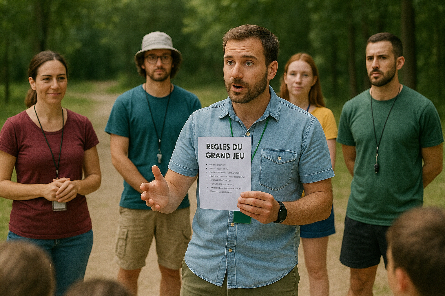 trois animateurs BAFA en mini-débrief après une activité, prenant des notes