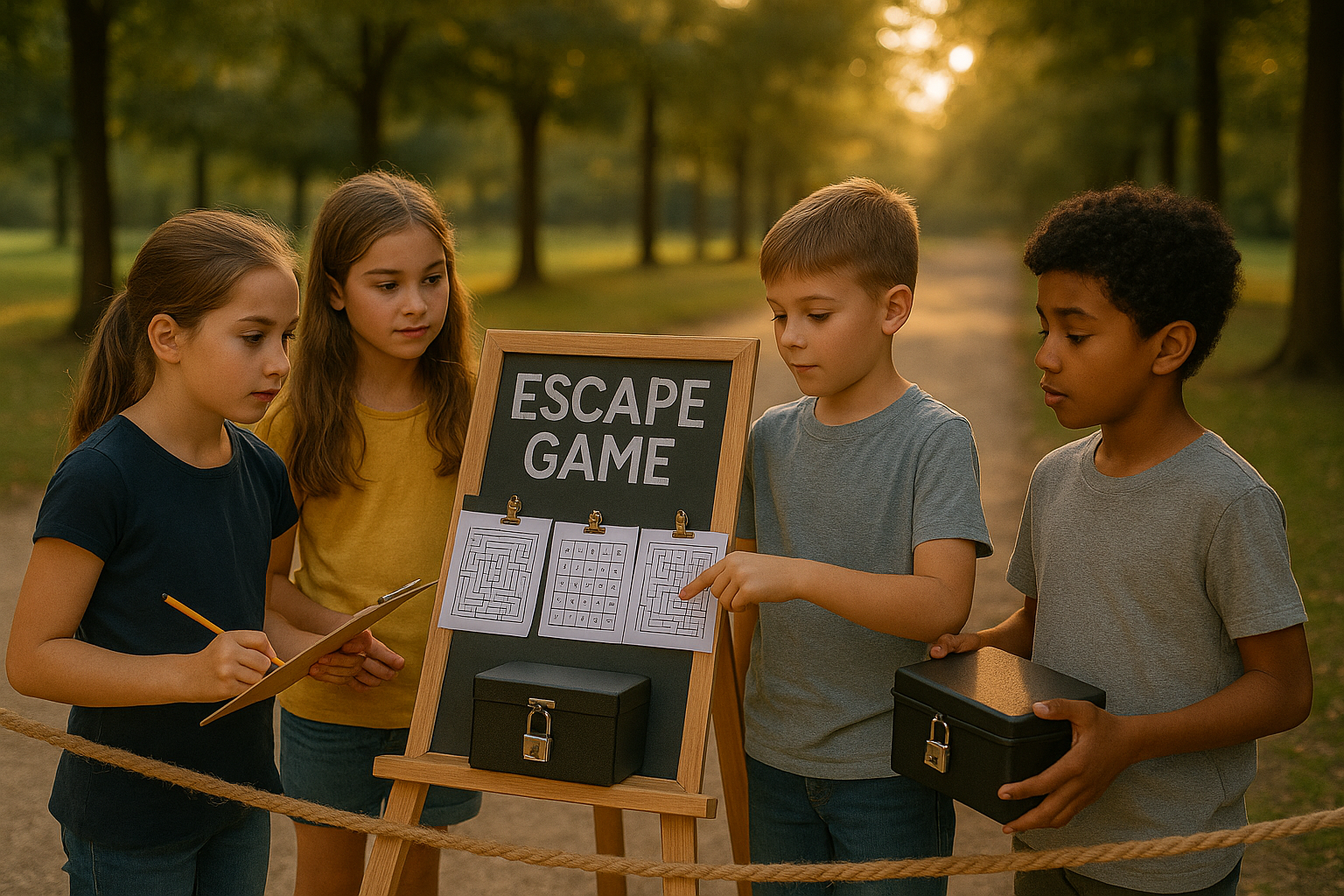 Enfants jouant à un escape game en plein air avec indices.