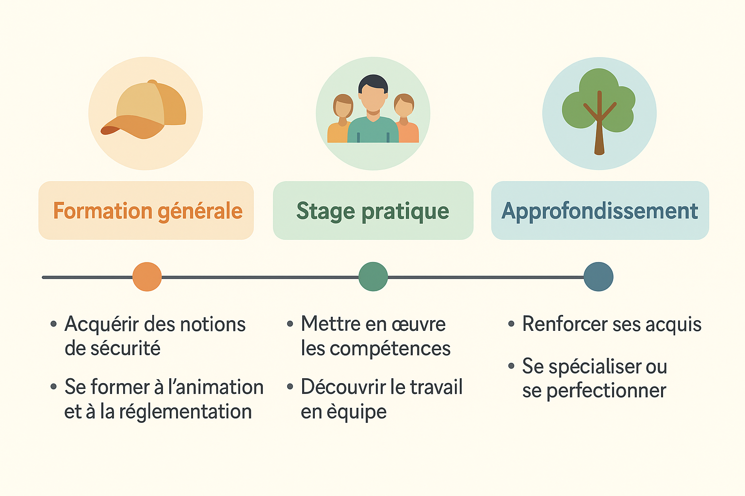 frise détaillée des étapes BAFA avec objectifs par étape