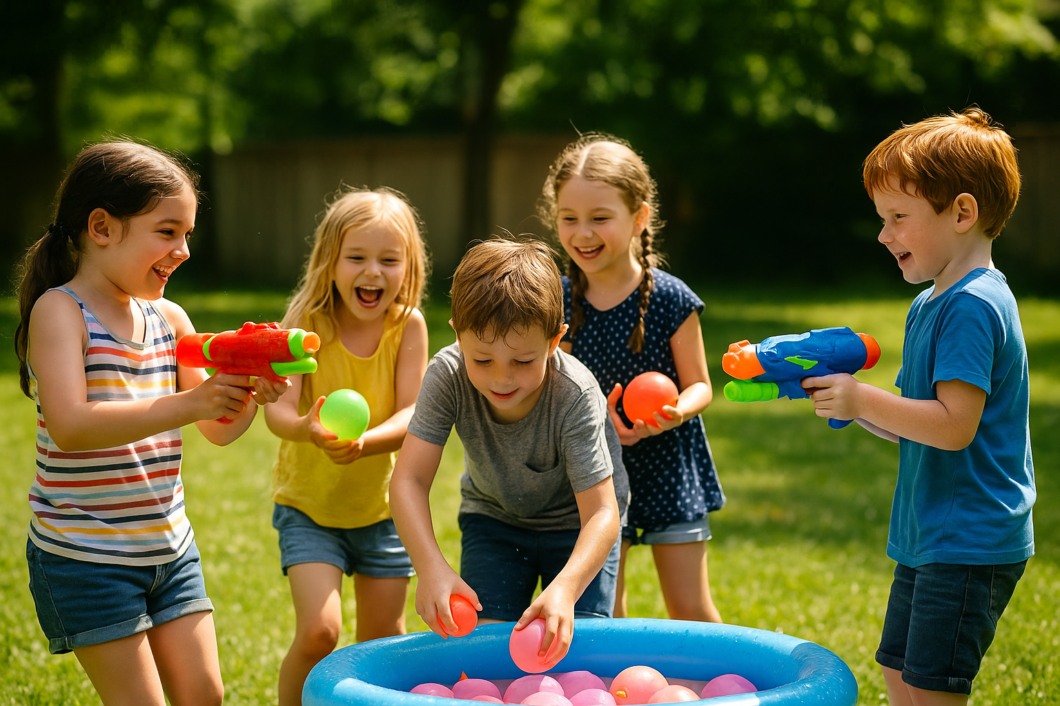 Enfants jouant avec pistolets à eau et ballons dans un jardin.