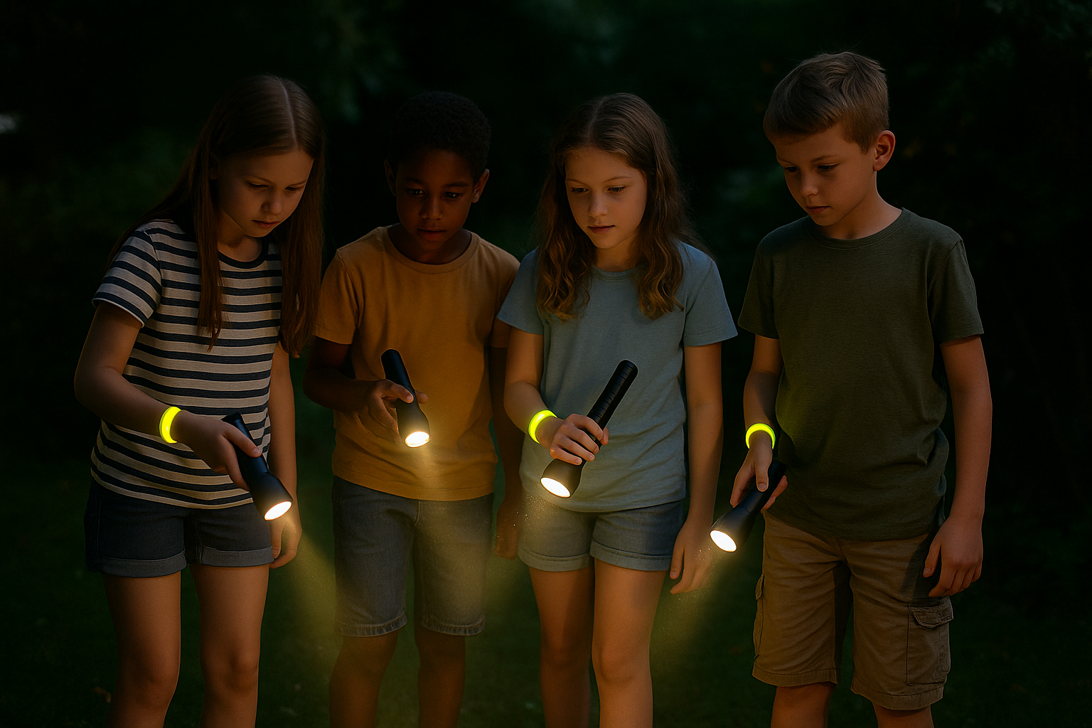 Enfants jouant avec lampe de poche la nuit dans un jardin.