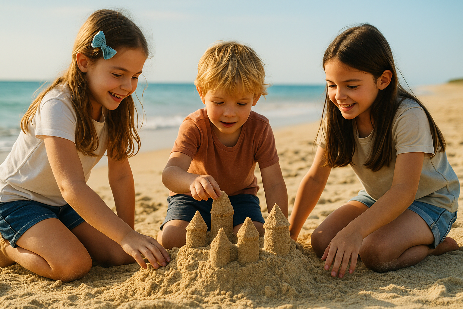 Enfants construisant un château de sable sur une plage ensoleillée.