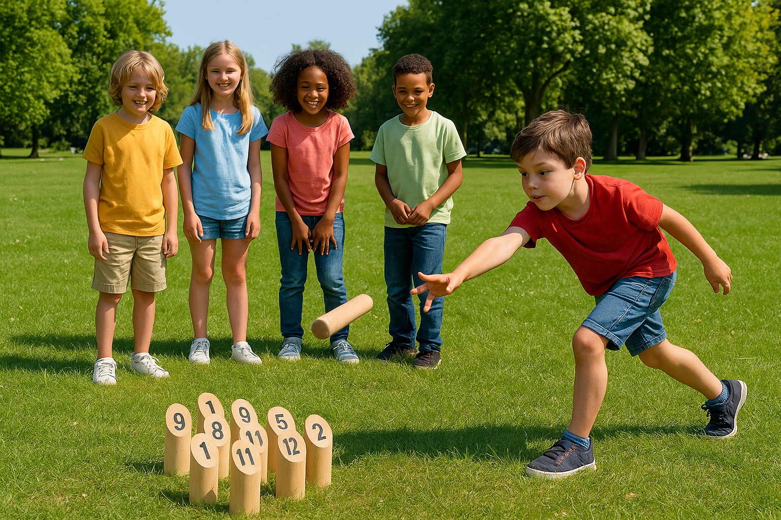 Enfants lançant des quilles mölkky sur une pelouse.