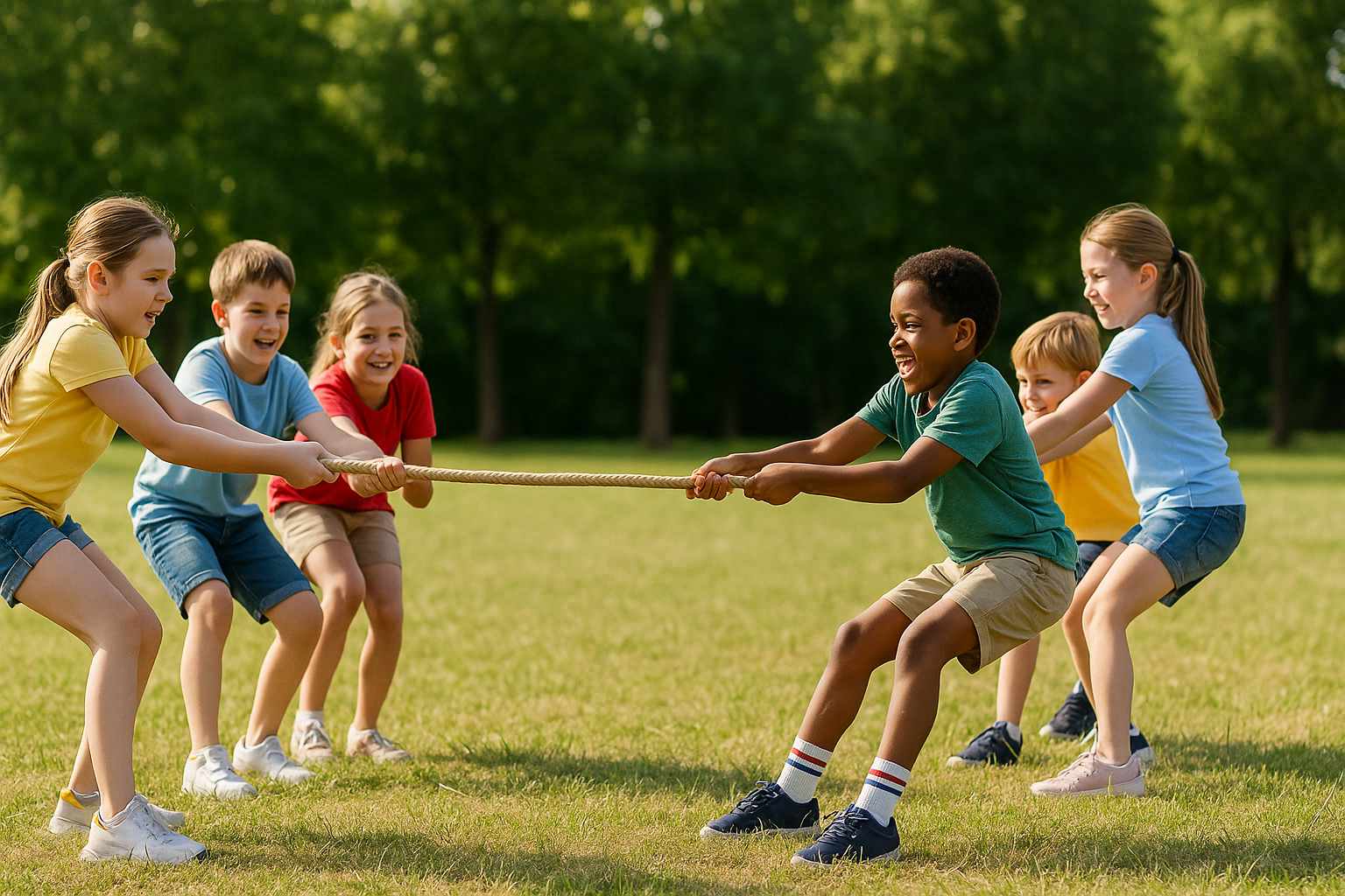 Équipe d’enfants jouant au tir à la corde lors d’une activité extérieure.