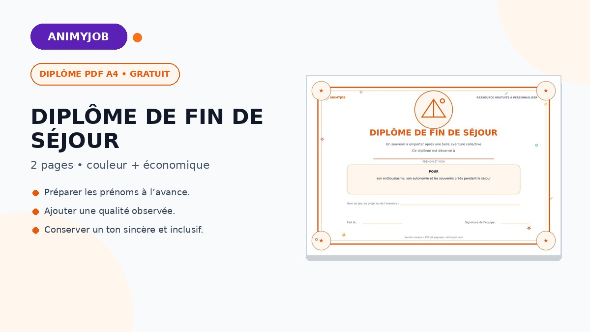 Diplôme de fin de séjour en colonie de vacances