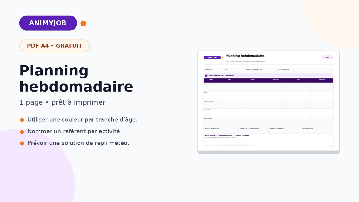 Planning hebdomadaire de centre de loisirs