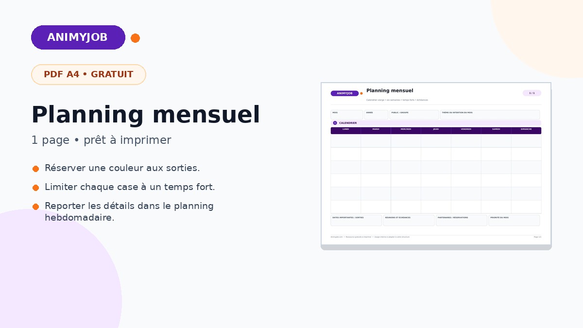 Planning mensuel de centre de loisirs
