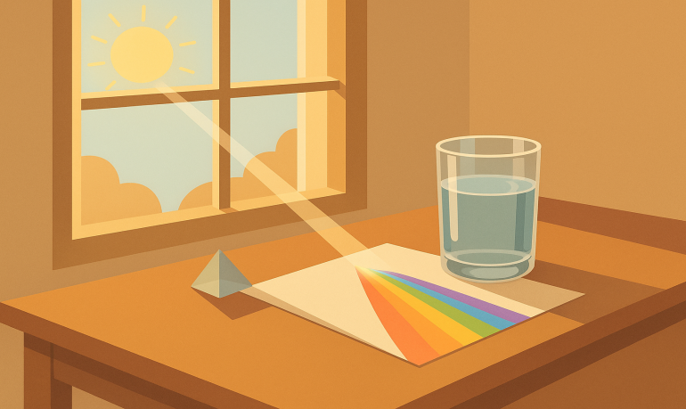 Créer un arc-en-ciel chez soi : verre d'eau et prisme