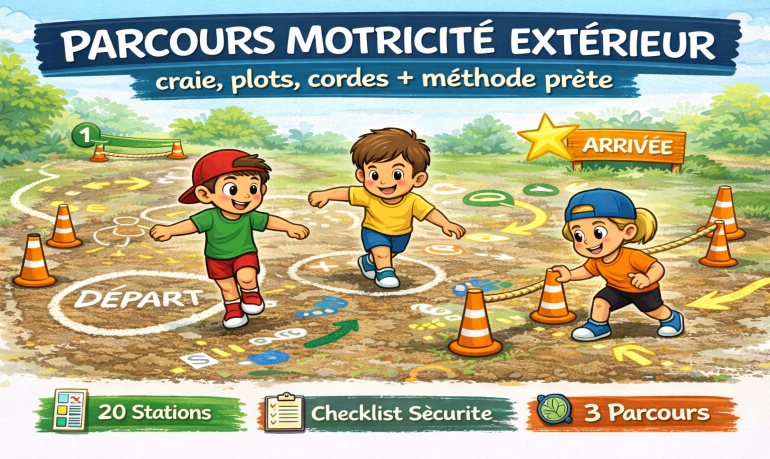 Parcours motricité extérieur : 20 idées craie, plots, cordes