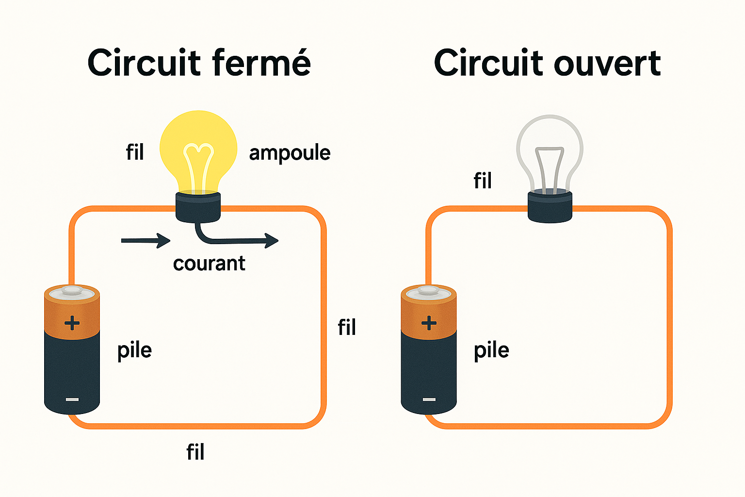 Schéma pédagogique : circuit fermé vs circuit ouvert, pile-fils-ampoule