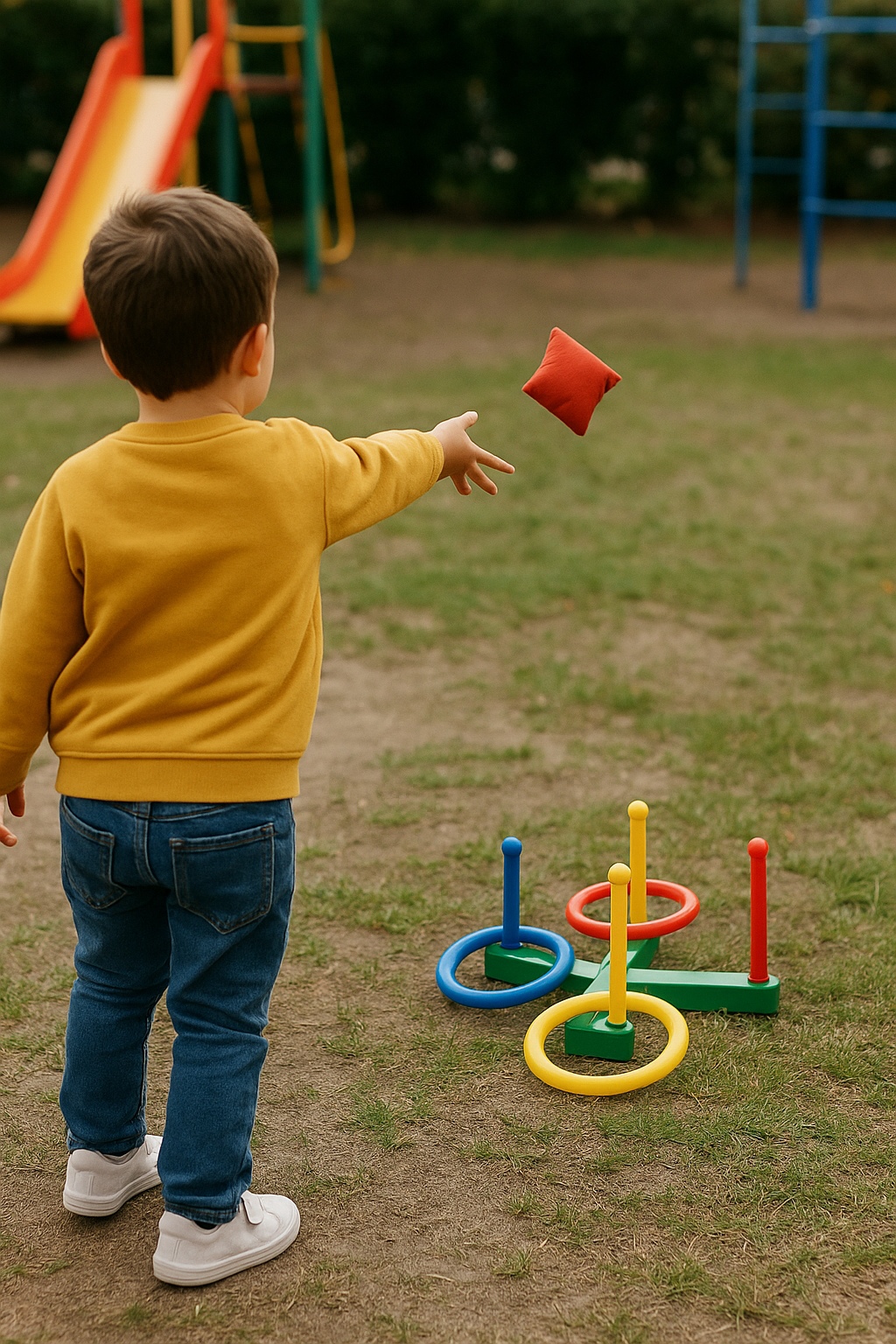 Enfant qui lance un petit sac de grains vers une cible d’anneaux colorés sur la pelouse.