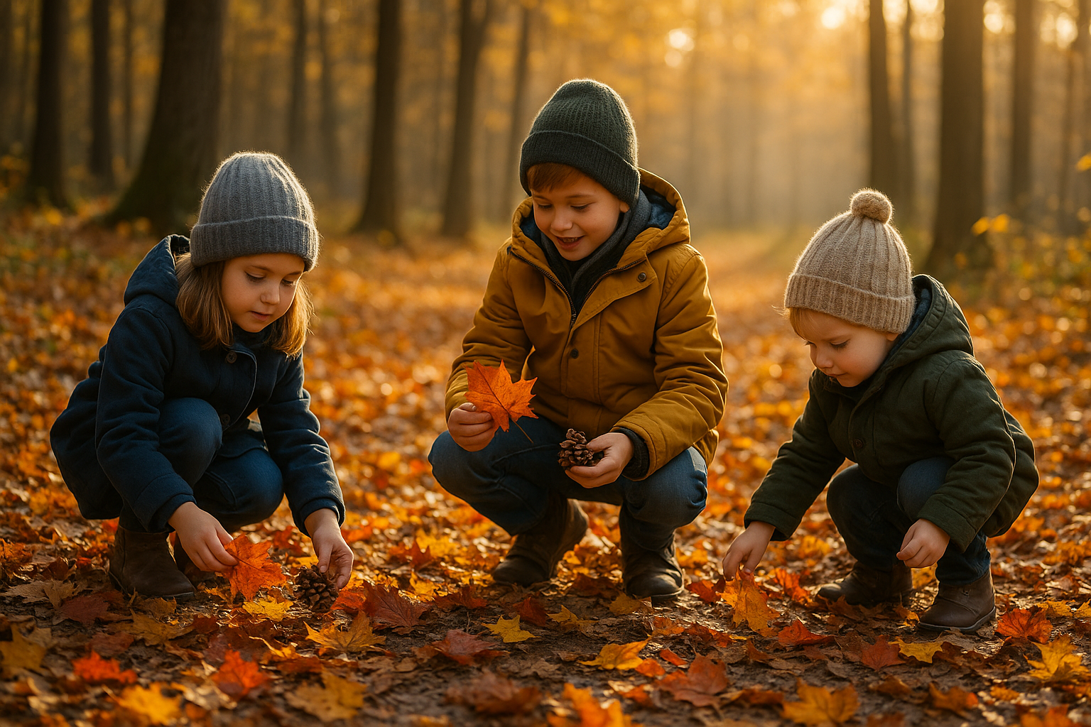 Enfants ramassant feuilles et pommes de pin en forêt en novembre, ambiance automnale
