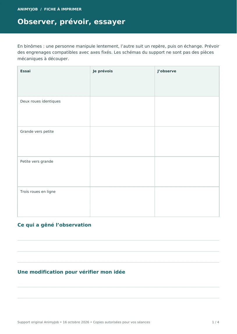 Première page du support Trois expériences sur les engrenages