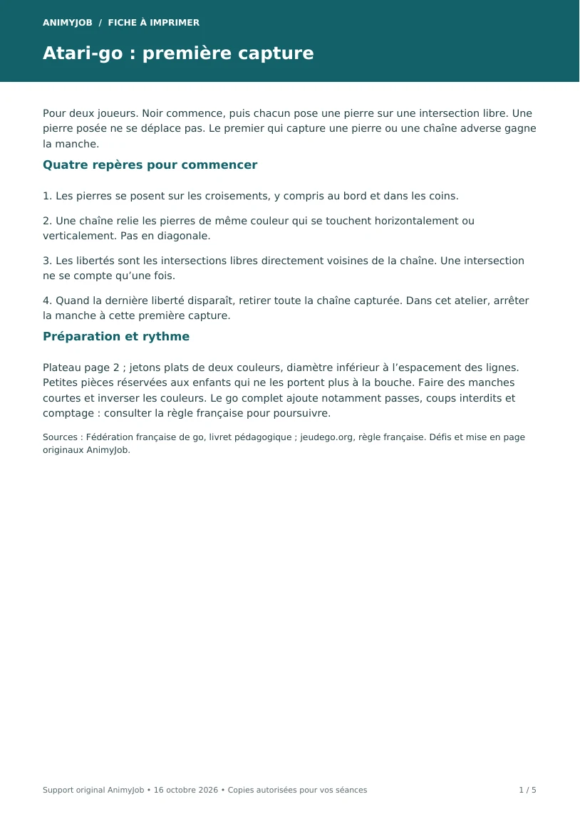 Première page du support Atari-go : plateau et défis