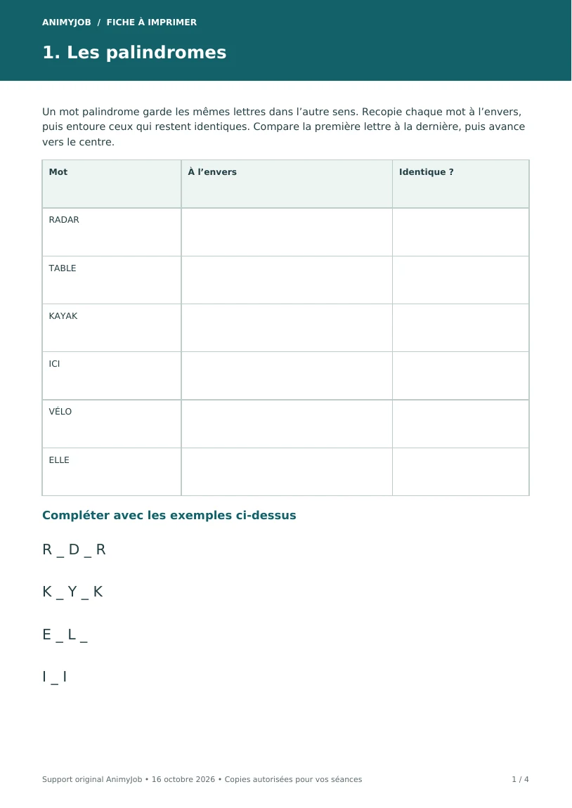 Première page du support Trois jeux de lettres avec corrections
