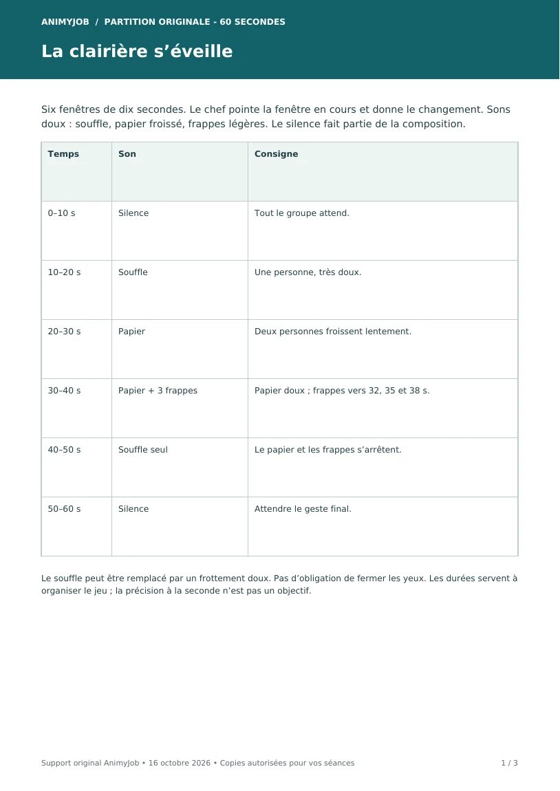 Première page du support La clairière s’éveille : partition et atelier