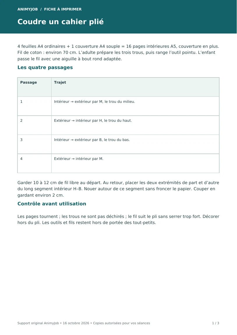 Première page du support Carnet cousu à trois trous