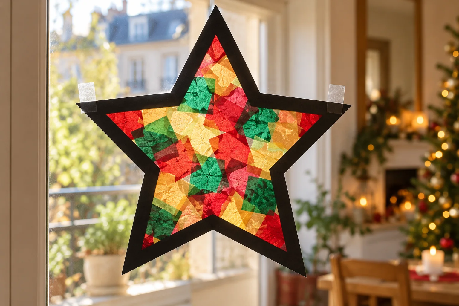 Vitrail de Noël en papier de soie : une étoile pour la fenêtre