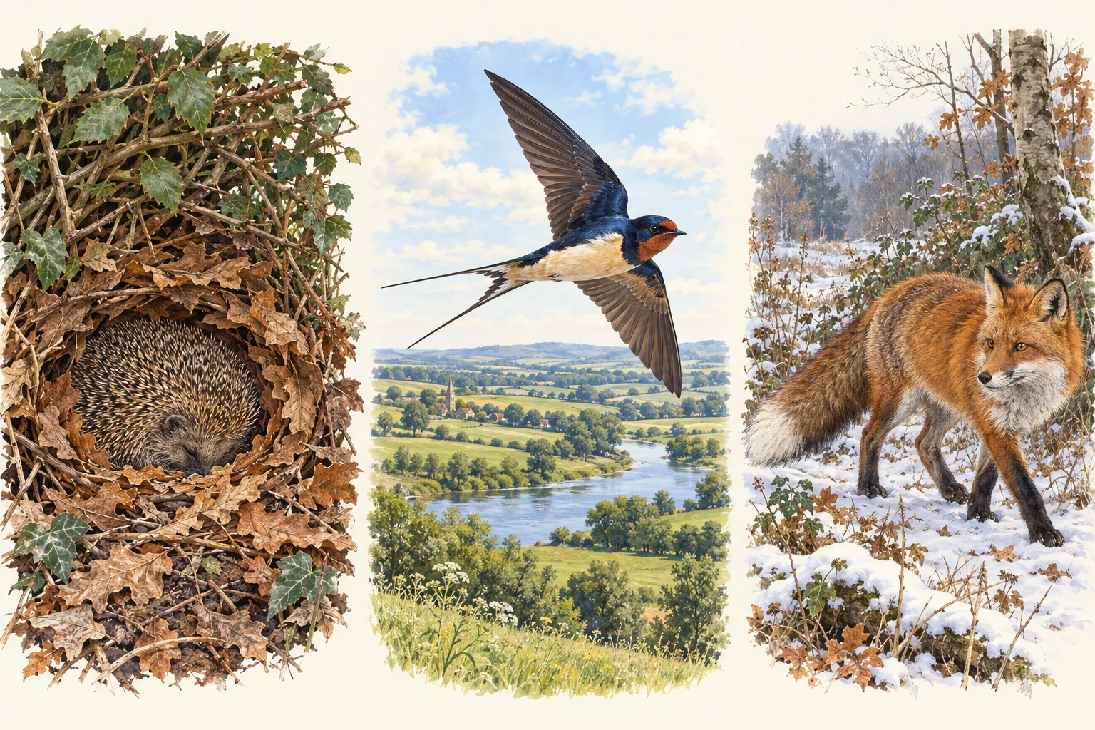 Trois scènes distinctes : hérisson dans son abri, hirondelle en vol et renard actif dans un bois hivernal