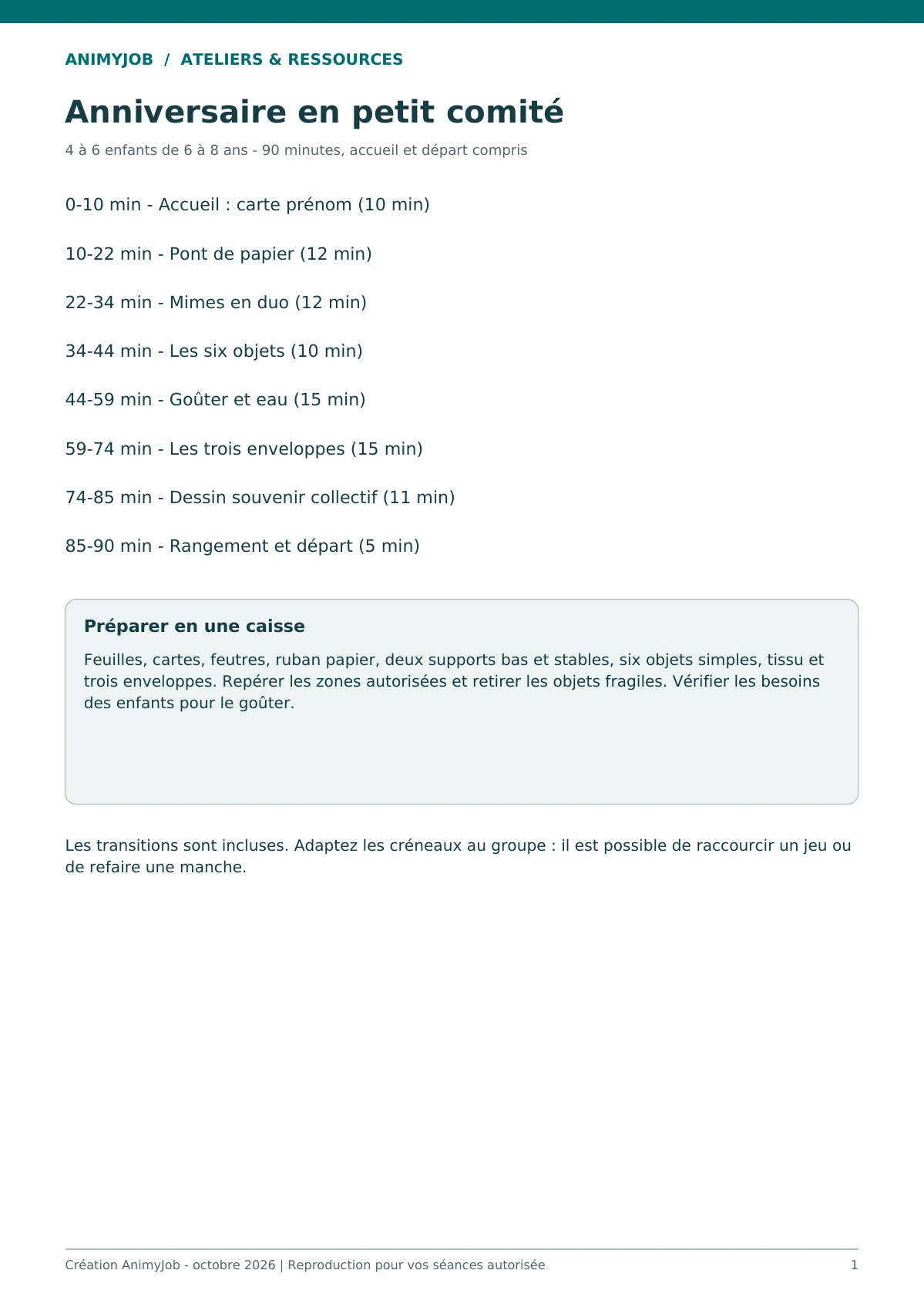 Aperçu réel d’une page du kit Anniversaire en petit comité : programme de 90 minutes