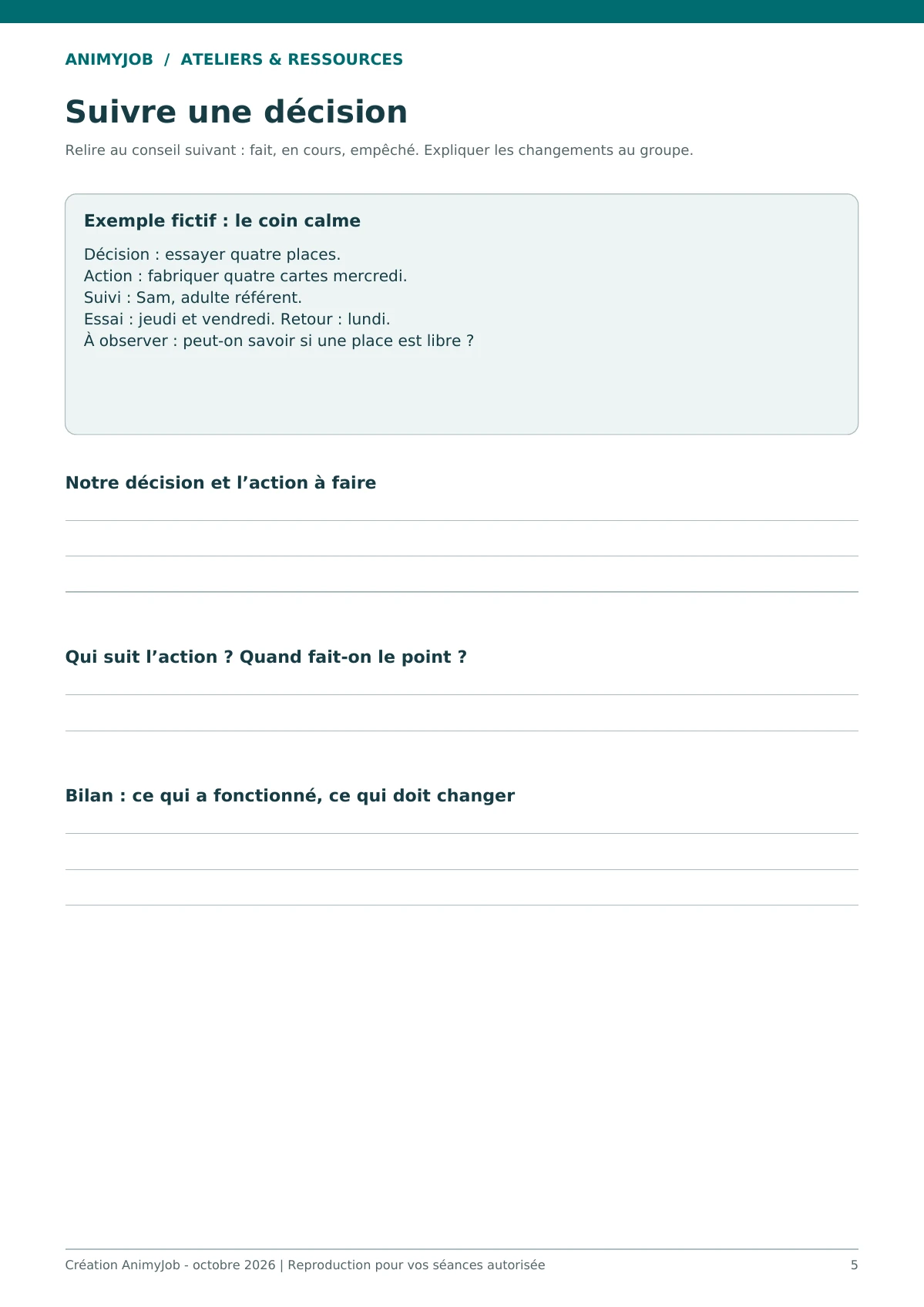Aperçu réel d’une page du kit Conseil d’enfants en centre de loisirs : méthode et fiches