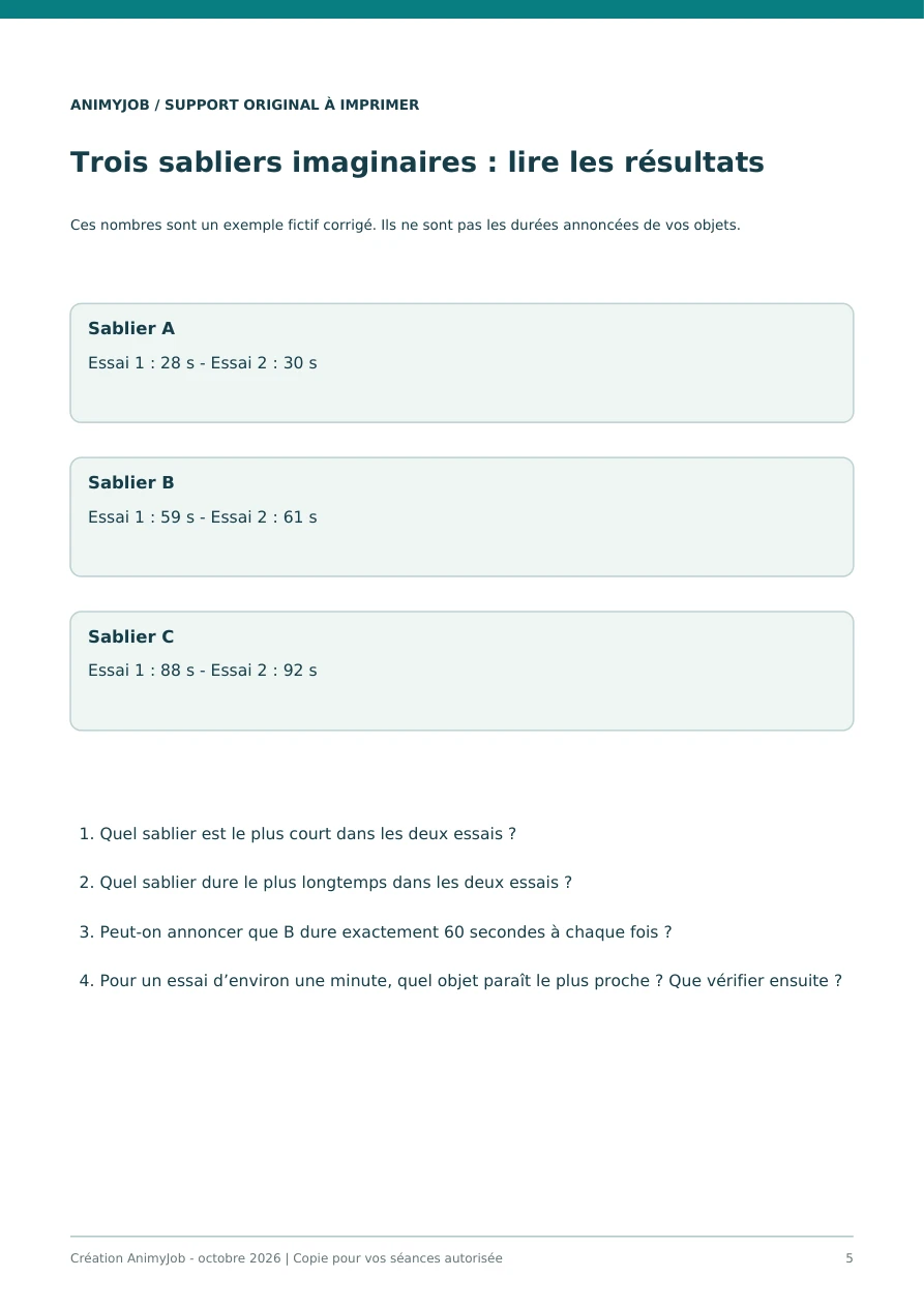 Aperçu réel de la page 5 du kit sabliers à imprimer