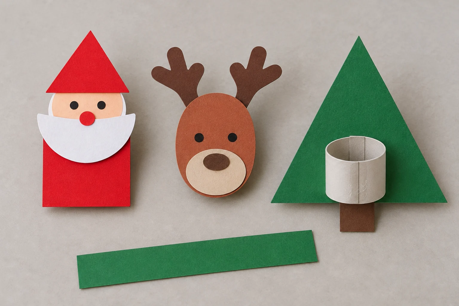 Dos d’une marionnette en papier avec son manchon cylindrique ouvert, à côté du Père Noël, du renne et du sapin