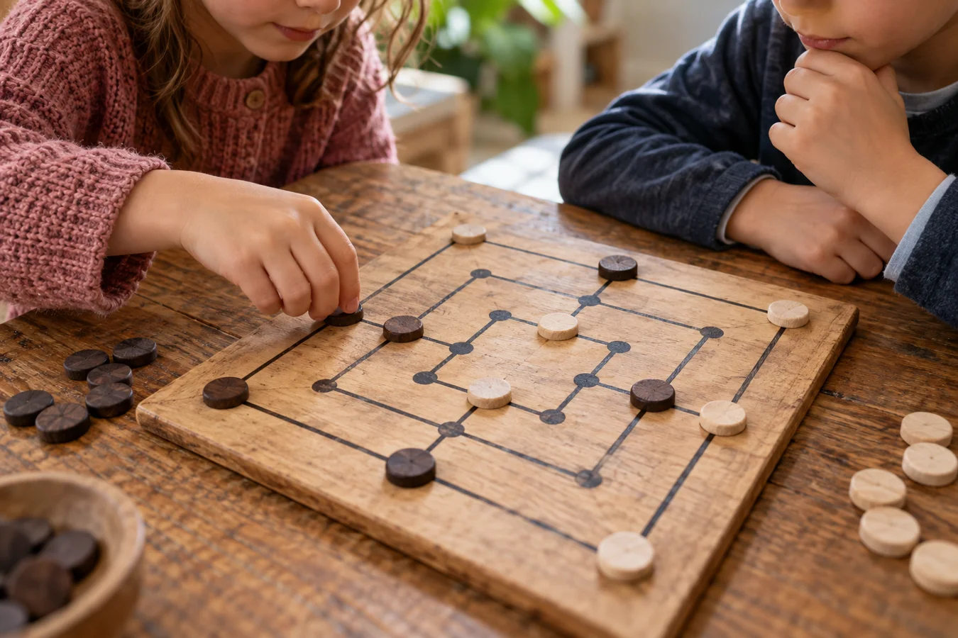 Deux enfants découvrent un jeu de stratégie sur un plateau en bois