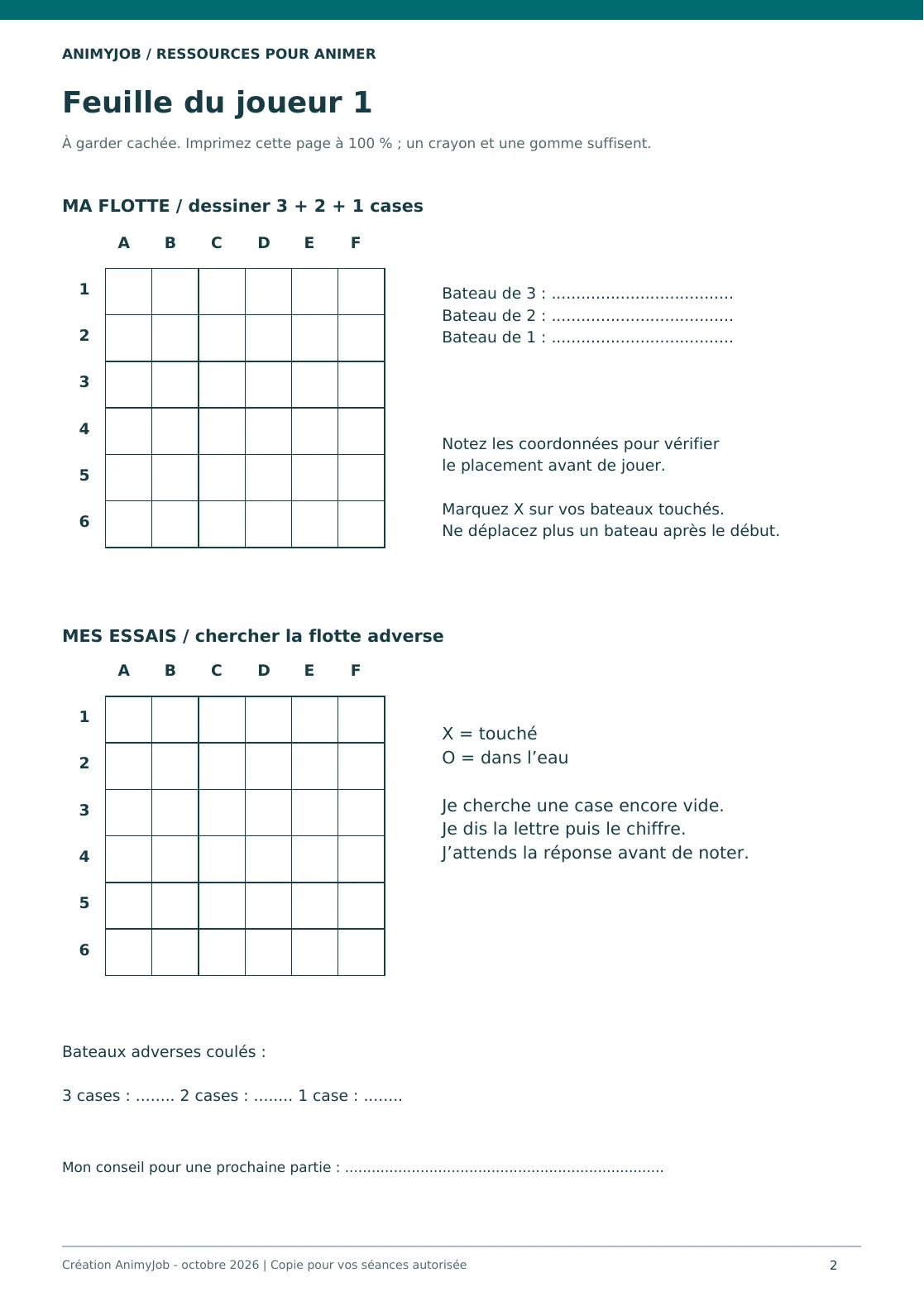 Aperçu réel de la page 2 du PDF Bataille navale enfant : règles simples et grilles 6 × 6 à imprimer