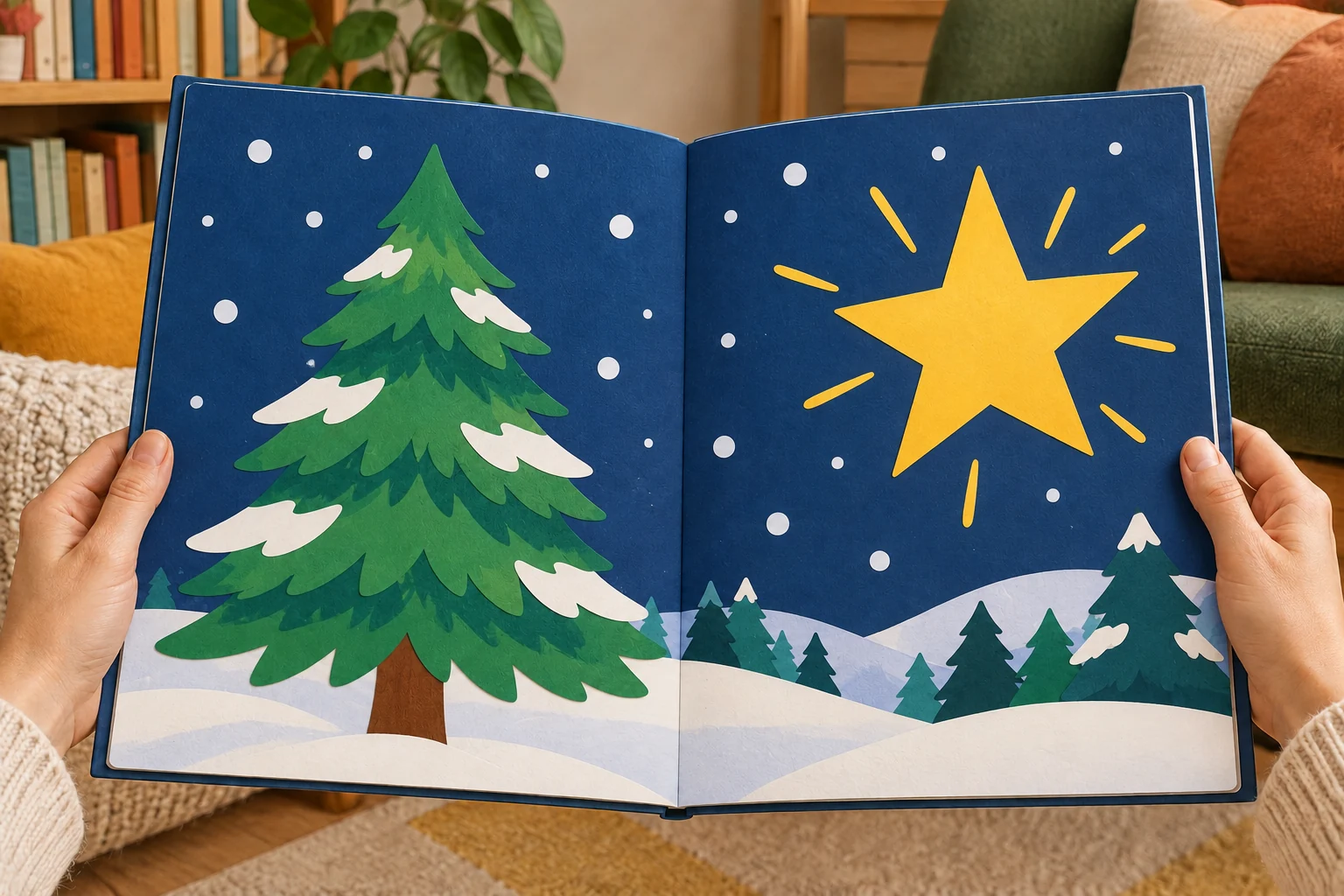 Illustration d’un grand livret tenu par un adulte, avec un sapin et une étoile dessinés.