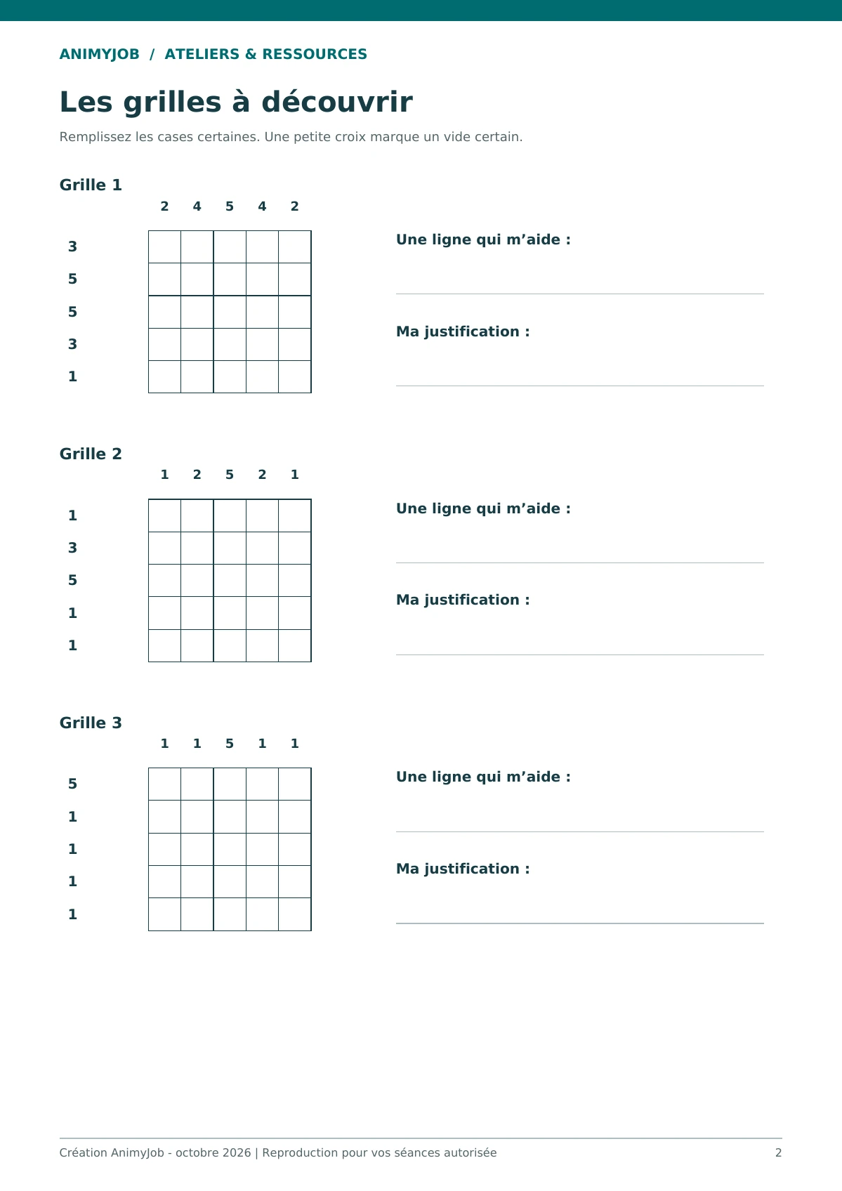 Aperçu réel d’une page du kit Nonogrammes enfant : 6 grilles 5 x 5 avec solutions