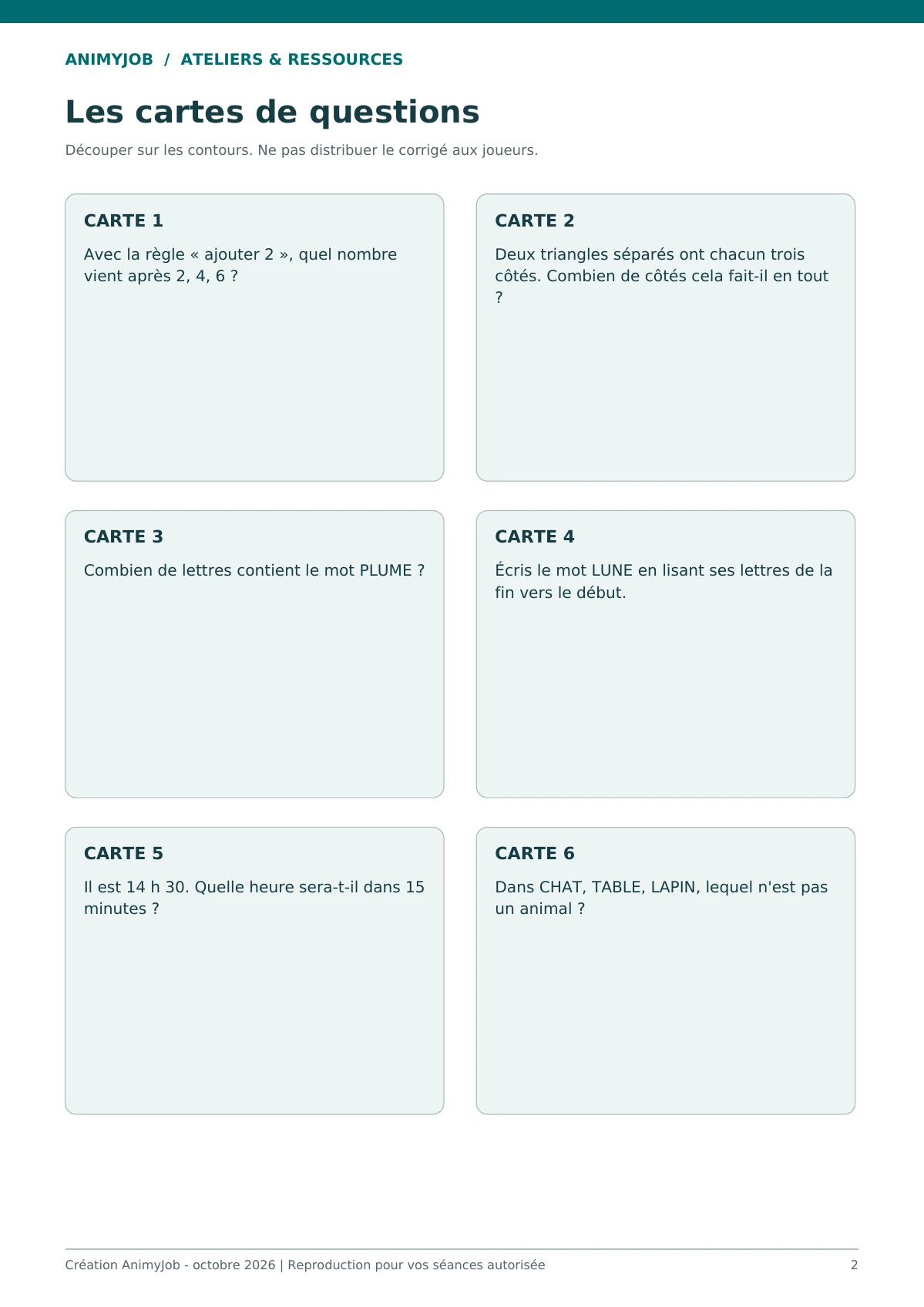 Aperçu réel d’une page du kit Quiz coopératif enfant : 12 questions et cartes à imprimer