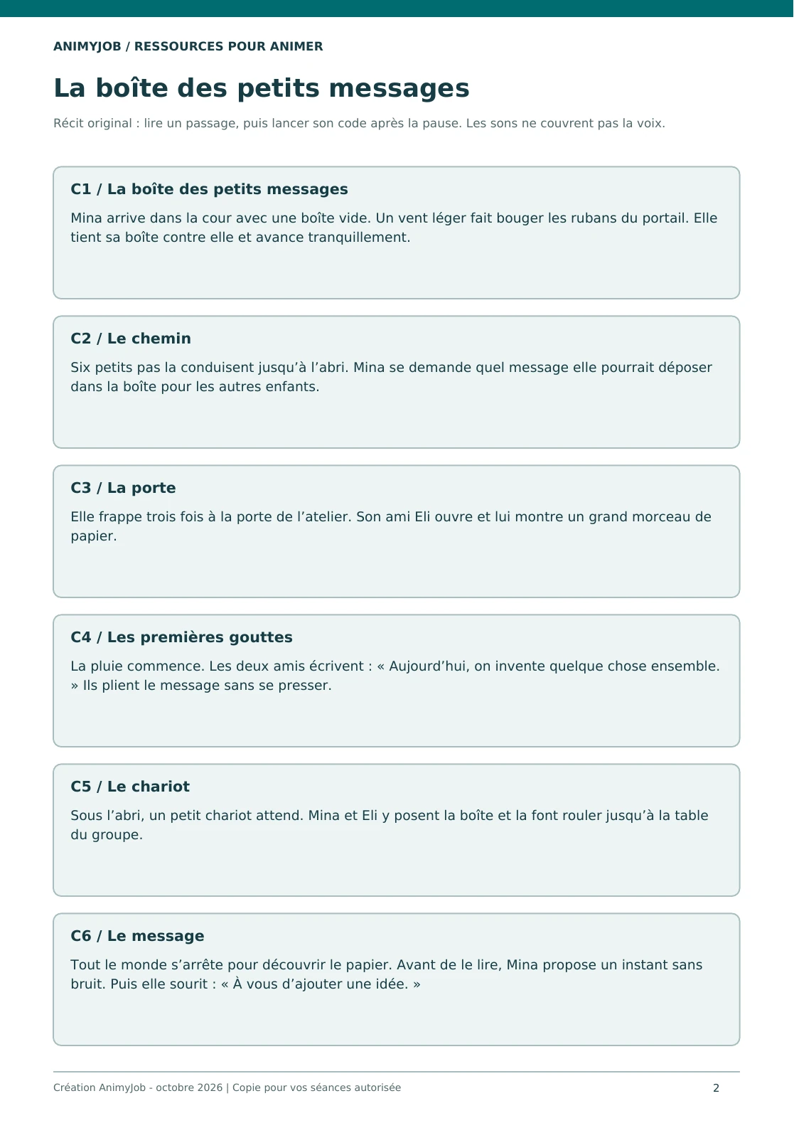 Aperçu réel de la page 2 du kit Histoire bruitée enfant : scénario, sons et fiches à imprimer