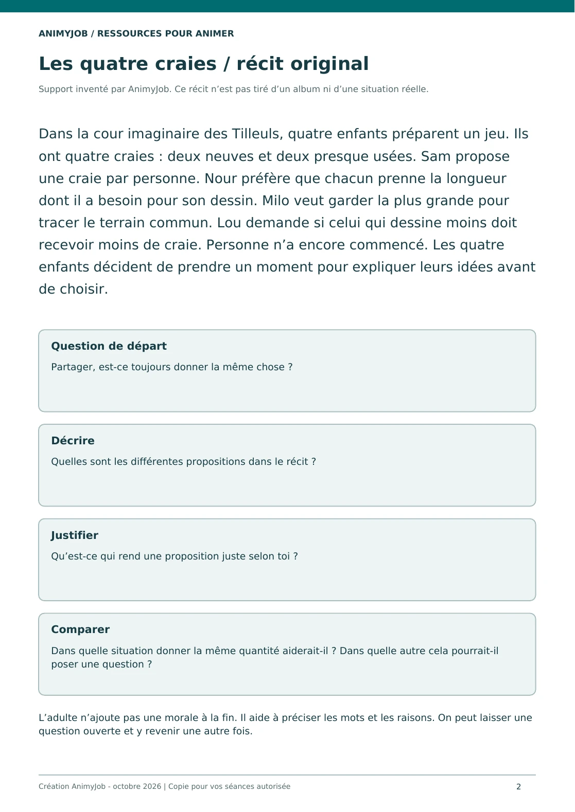 Aperçu réel de la page 2 du kit Atelier philo enfant : une séance et 6 cartes à imprimer