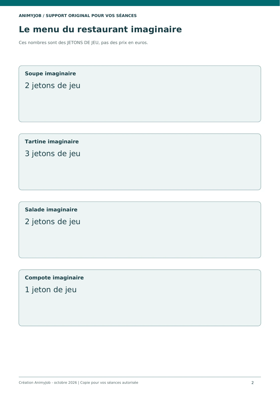 Aperçu réel de la page 2 du PDF Jouer au restaurant : menu, rôles et commandes à imprimer