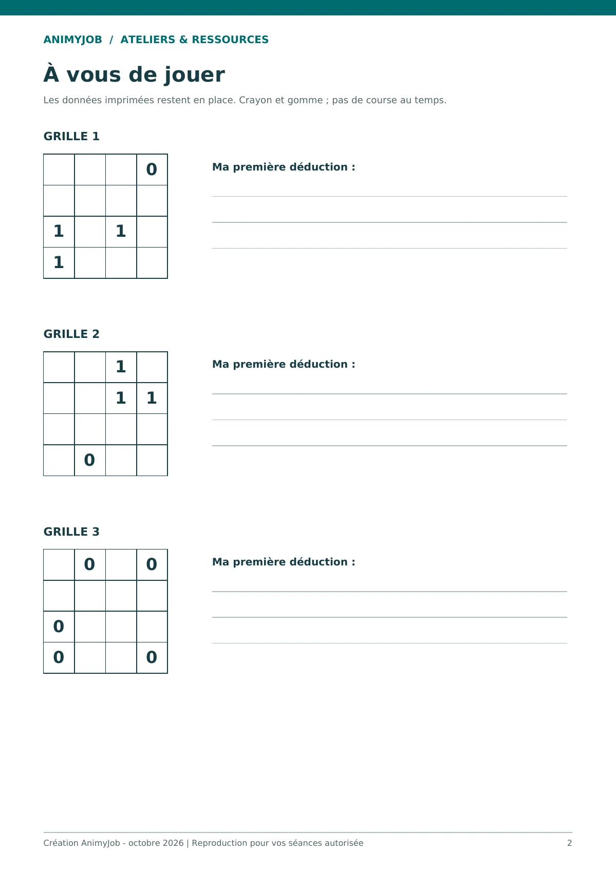 Aperçu réel d’une page du kit Takuzu enfant : règles et 6 grilles faciles à imprimer