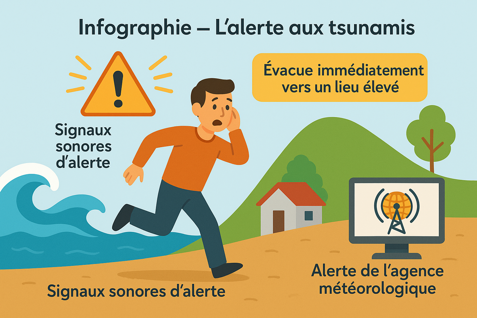 Scène dessinée montrant une alerte tsunami : sirène, panneau d'évacuation et personne montant vers un lieu élevé