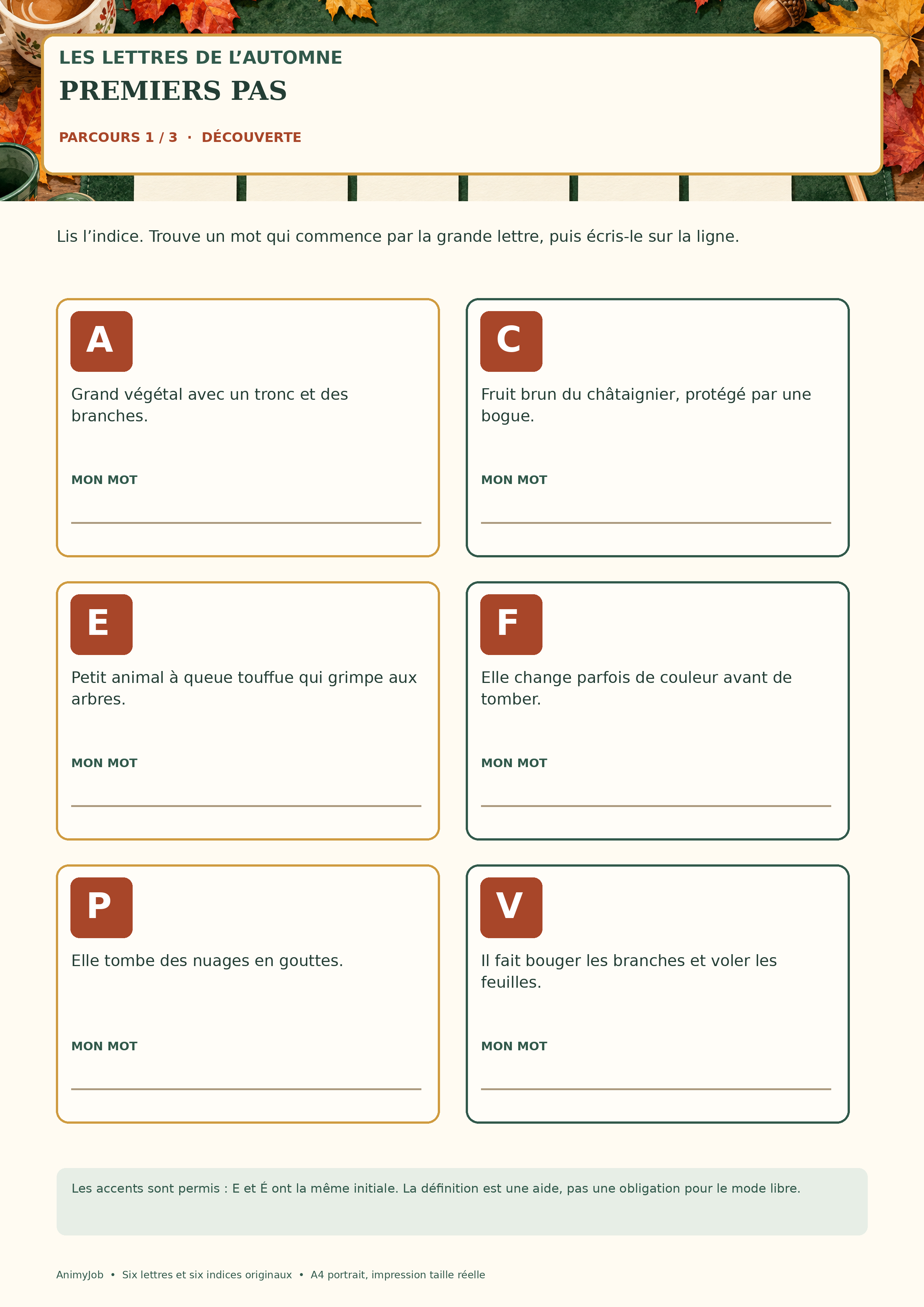 Première fiche alphabet d’automne avec six grandes initiales A C E F P V et des définitions
