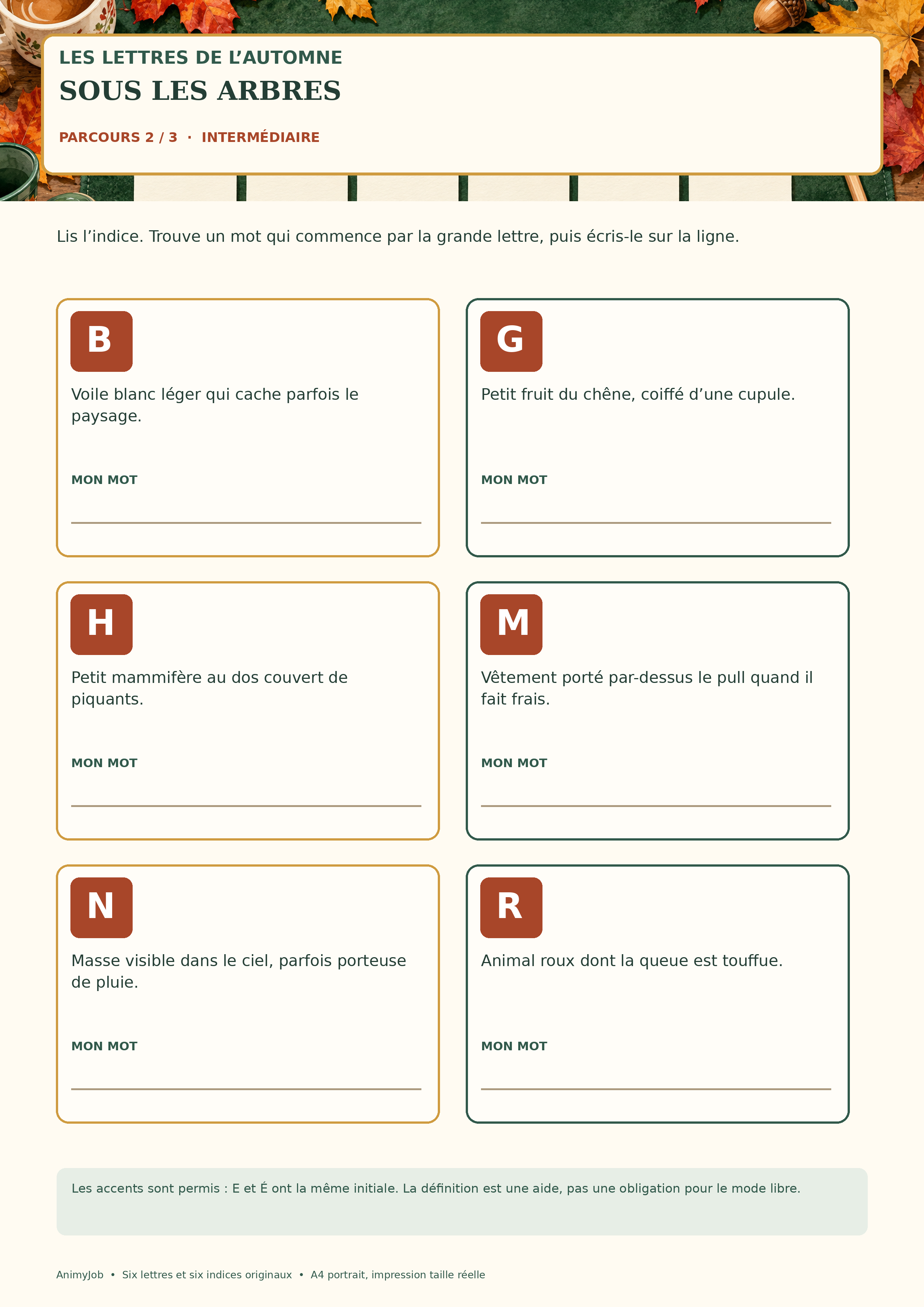 Deuxième fiche avec six lettres B G H M N R, indices et lignes d’écriture