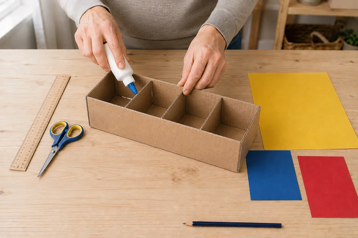 Étape 3 : trois séparations verticales collées dans la boîte et quatre compartiments visibles.