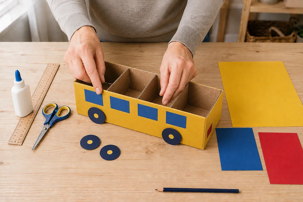 Étape 4 : bus jaune décoré de fenêtres bleues et d'accents rouges, avec quatre cases vides.