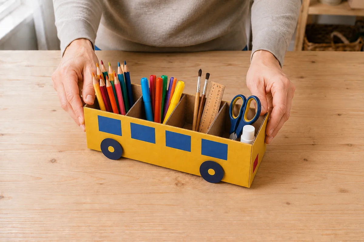 Étape 5 : fournitures réparties dans les quatre compartiments du bus scolaire jaune.