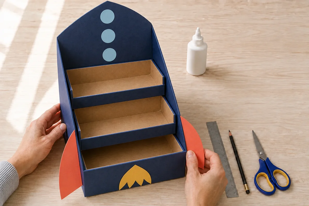 Étape 4 de « Trieur de courrier enfant à trois compartiments en carton » : transformer la coque en fusée.
