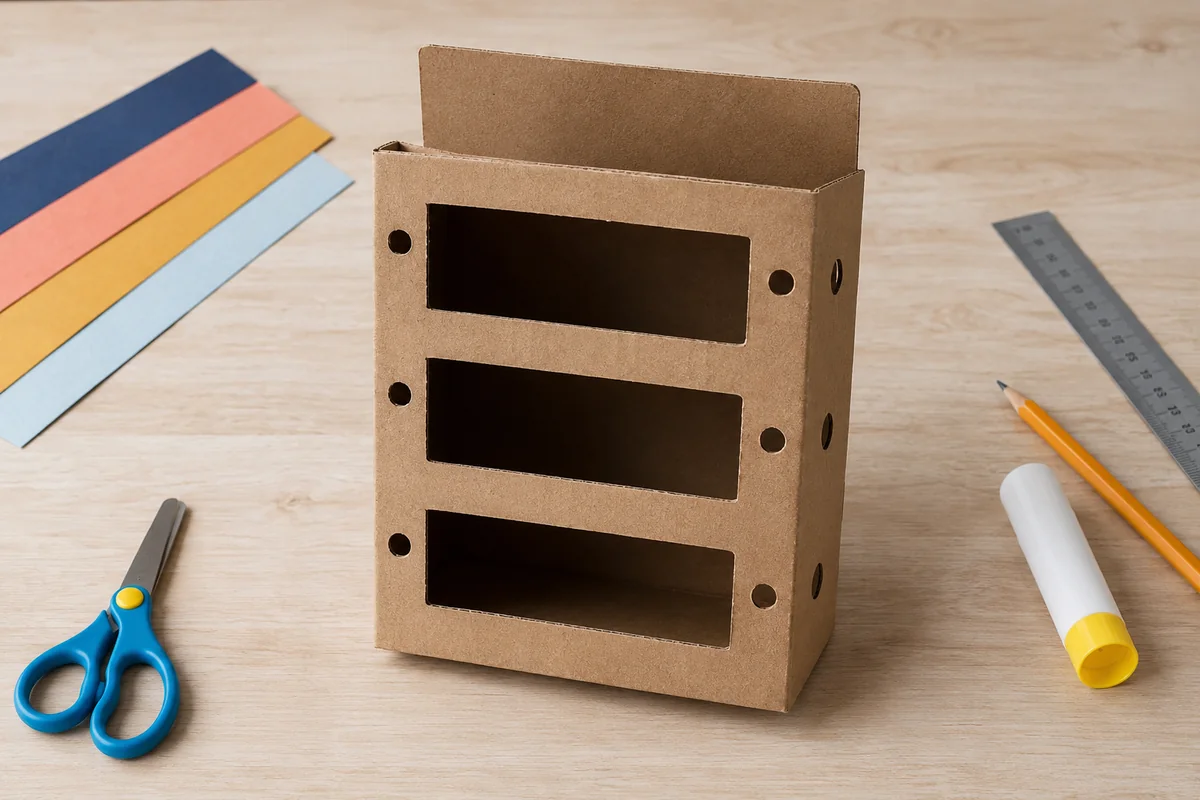 Étape 1 de « Construire une boîte à histoires avec trois rouleaux rotatifs » : préparer la boîte et les passages.