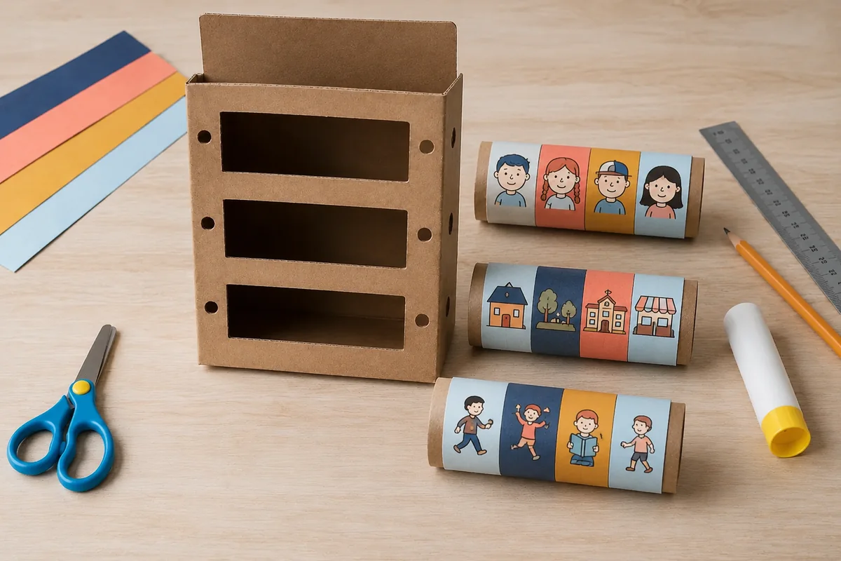 Étape 2 de « Construire une boîte à histoires avec trois rouleaux rotatifs » : créer les trois bandes narratives.