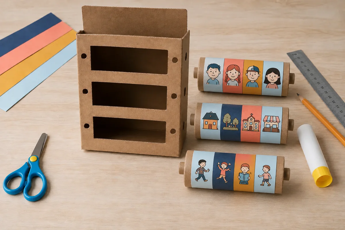 Étape 3 de « Construire une boîte à histoires avec trois rouleaux rotatifs » : fermer et régler les rouleaux.