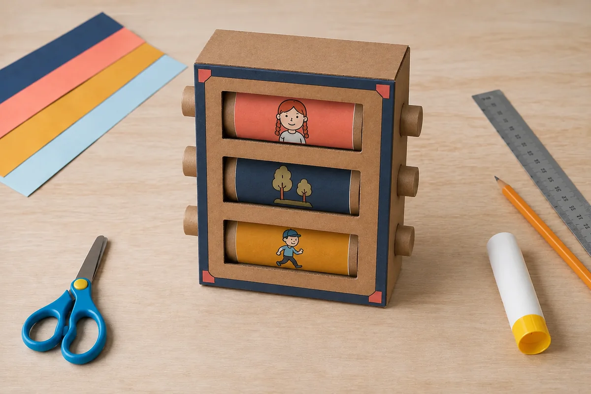 Étape 4 de « Construire une boîte à histoires avec trois rouleaux rotatifs » : monter les rouleaux dans la boîte.